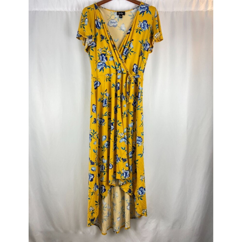 By & By Women's XXL Mustard Yellow Blue Floral Wrap Tie Maxi Dress Stretch HOLE